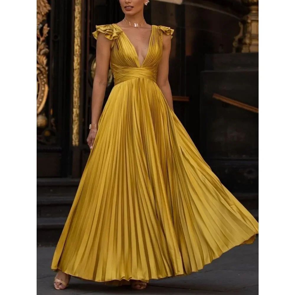 NWT Mac Duggal Chartreuse Yellow Pleated Cut Out Lace BackRuffle Sleeve Gown